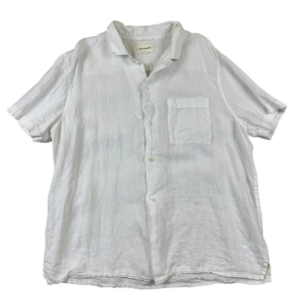 Lucky Brand Mens Short Sleeve Linen Blend Button Down Shirt White Large